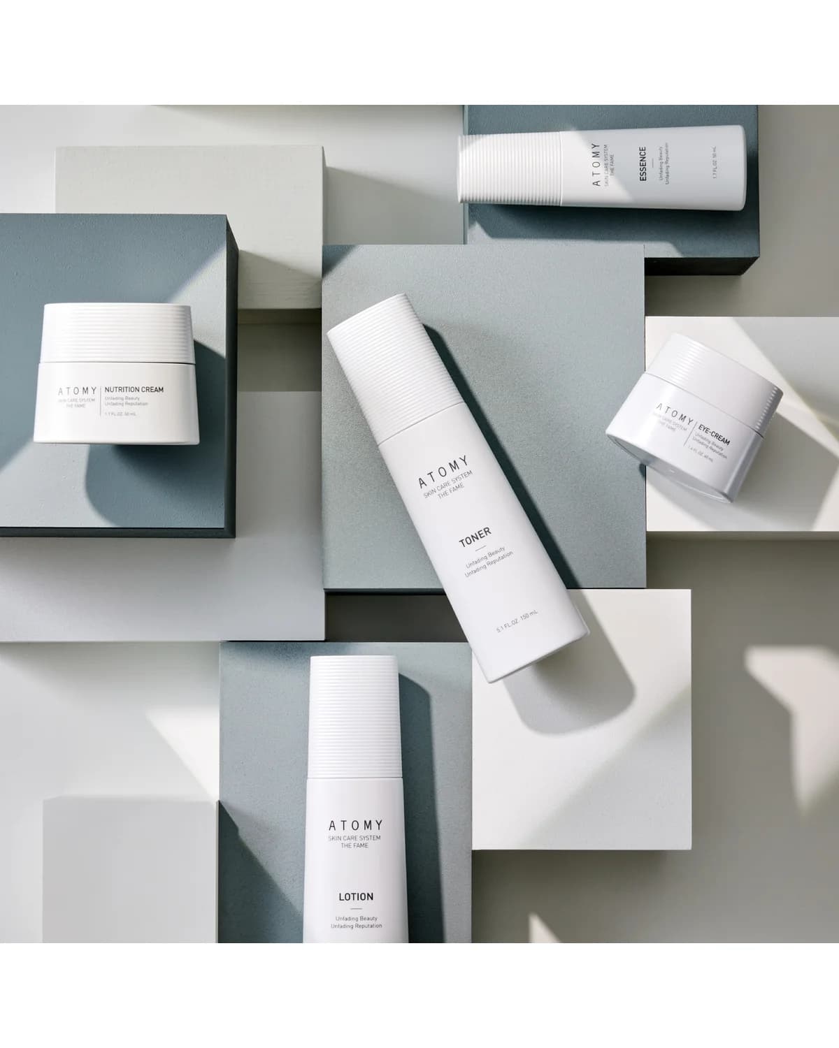 Atomy The Fame skincare set — toner, lotion, essence, nutrition cream, and eye cream